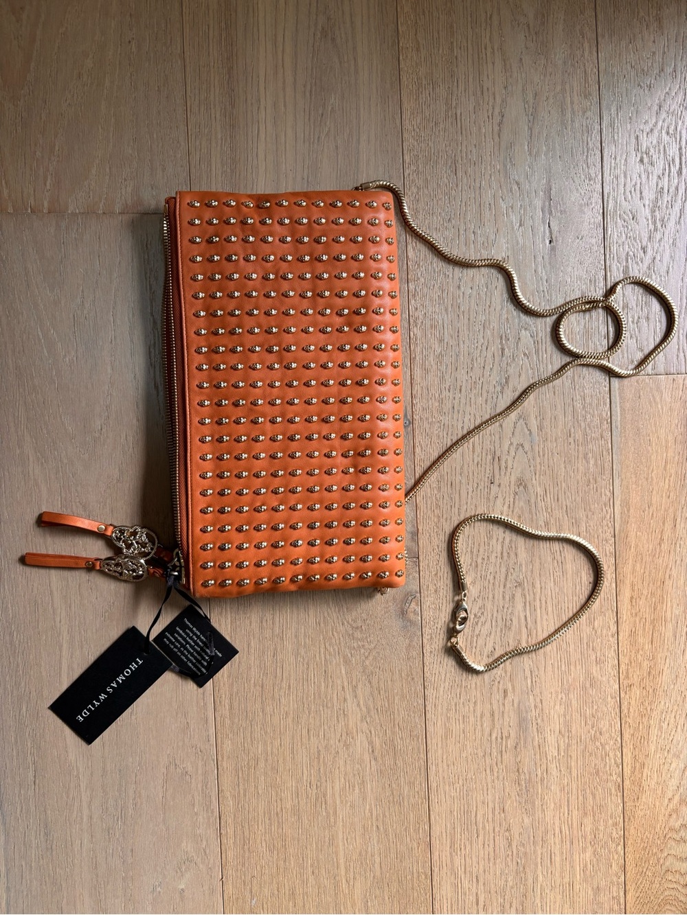 Thomas Wylde Metallic Copper Lambskin Foldover Skull Tote Clutch Bag